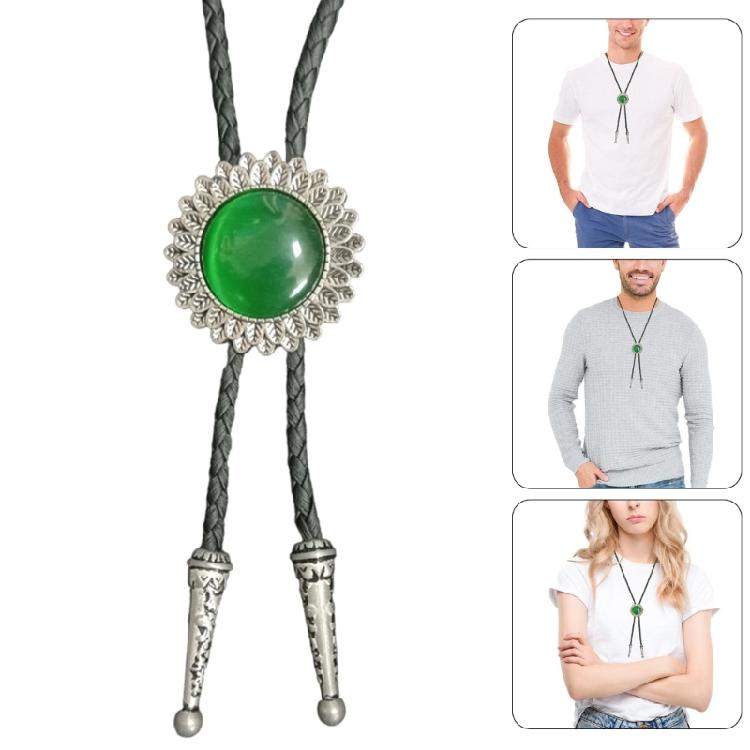 Braided Shoestring Flower Stone Bolo Tie Carved Charm Cowboy Necktie Necklace