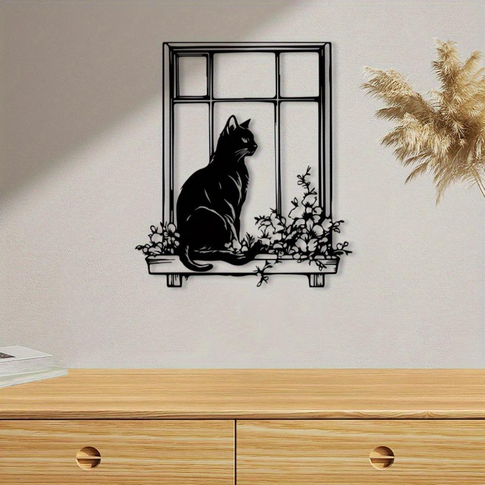 1pc Black Cat Metal Wall Art Sculpture Powder Coated Mural for Bedroom Halloween Gift Cat Lover