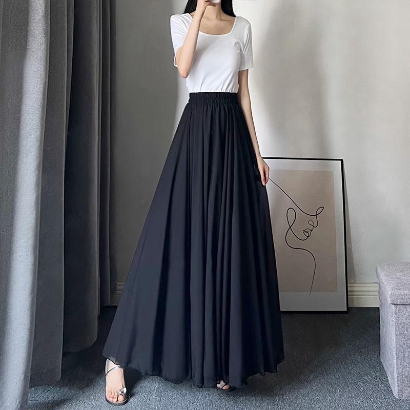 

Весенняя черная шифоновая миди-юбка 2025 года для женщин - Летняя танцевальная юбка А-силуэта длиной до щиколотки, приталенного кроя M