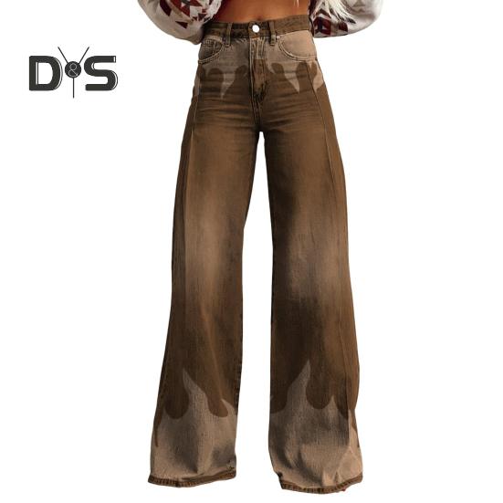 Pantalon large taille haute pour femme, imprimé 3D, décontracté, avec poches, fermeture éclair et boutons, en denim