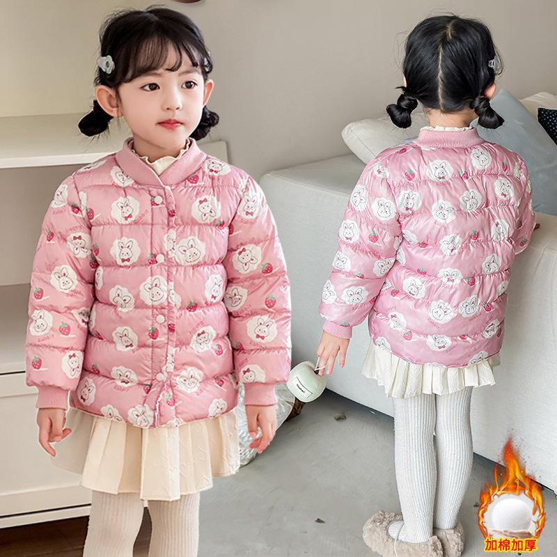 winter baby girl thicken short cotton-padded V-neck jacket Girls' warm cotton-padded clothes foreign style children's autumn cute cartoon print coats