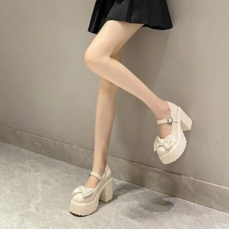 Fashion Summer and Autumn Fashion New Solid Color Bowknot Popular Thick-soled Buckle Round Toe High-heeled Shoes for Women