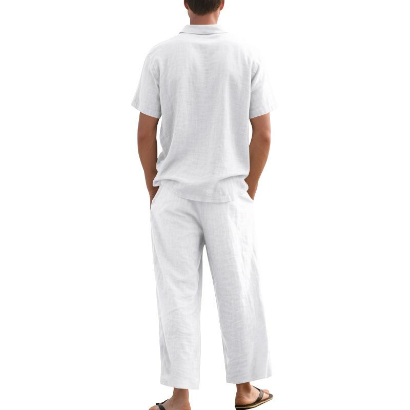 Men Linen Two Piece Set Short Sleeve Polo Shirt Drawstring Straight Leg Beach Trousers