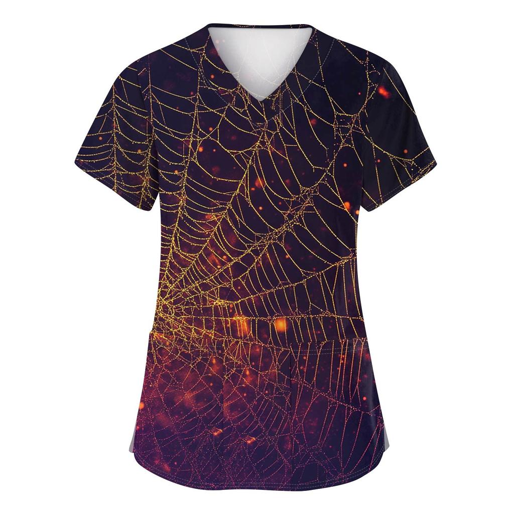 Women's Fashion V-neck Short-sleeved Work Uniform With Pockets, Halloween Print Top