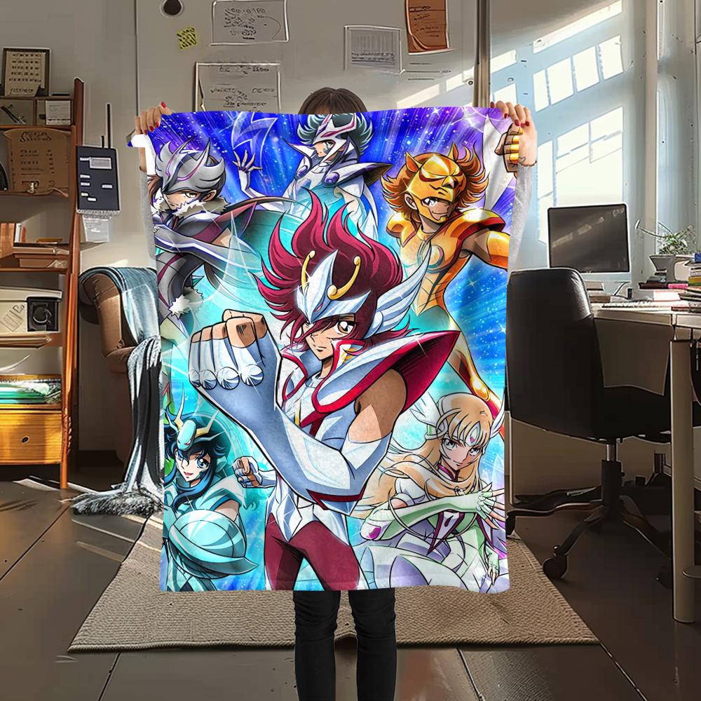1Pc Saint Seiya Print Flannel Blanket, High quality Comfortable for All Seasons, Home Decor, Warmth and Comfort, Perfect for Christmas Gifts