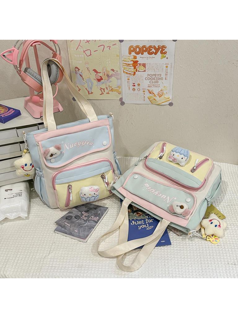 Japanese-Style Color-Block Tote Bag for Students: Lightweight, Large Capacity, Single-Shoulder Design