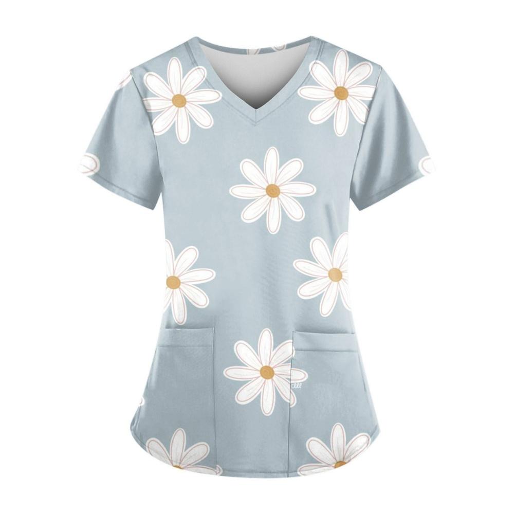 Damesykepleieruniformer Mote Blomstertrykk Sommer Casual V-hals Kort ermet T-skjorte Lett Tannlege Veterinær Klinisk Uniform Kvinne