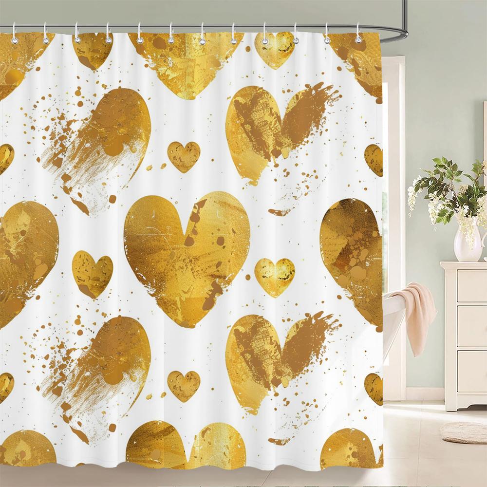 1 Pcs Pink Love Pattern Polyester Shower Curtain Waterproof Fabric Valentine'S Day Bathroom Partition Curtain With Hooks
