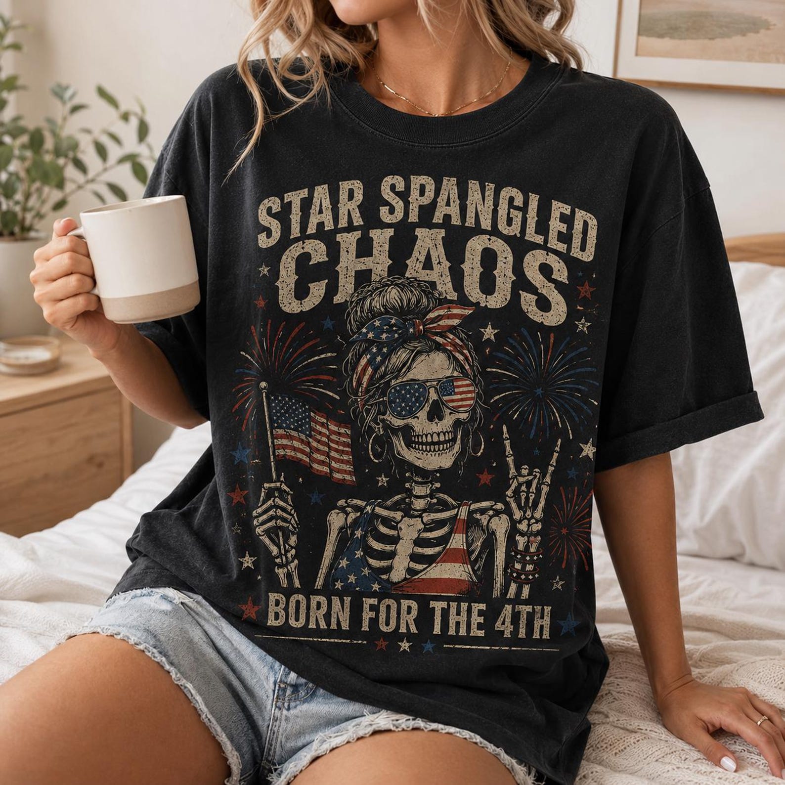 Star Spangled Chaos Skeleton T-Shirt, Black 4th of July Patriotic Tee S