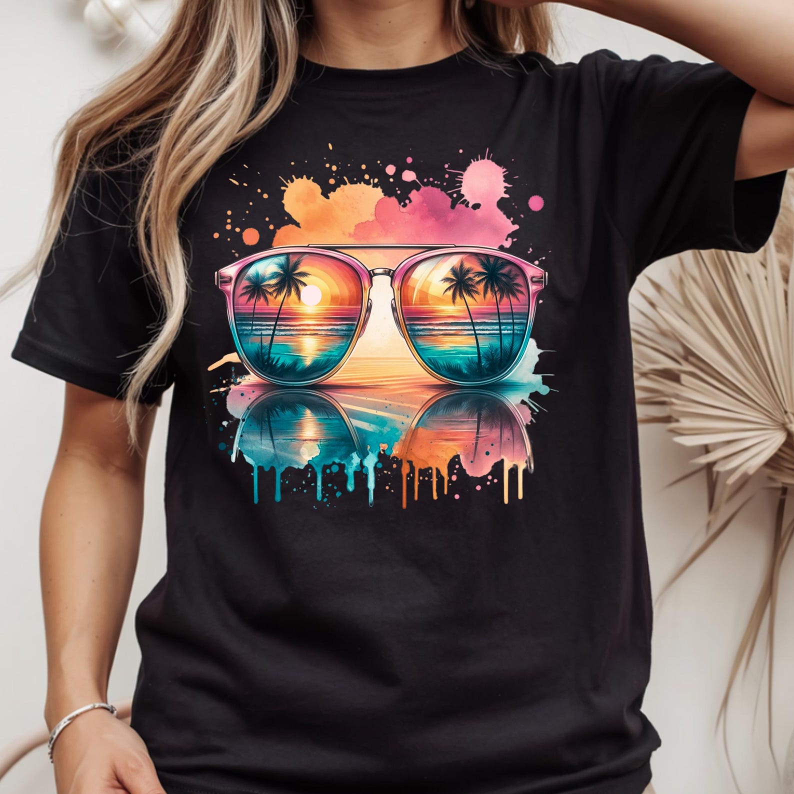 Spray-Painted Sunglasses Beach Sunset T-Shirt, Summer Wave Reflection Tee L