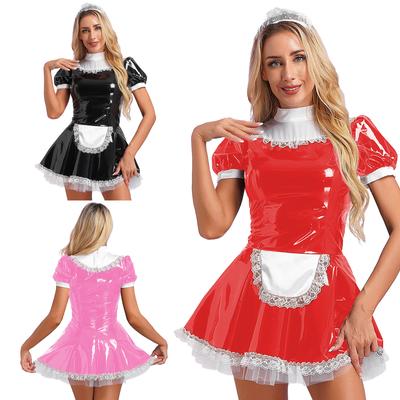 Rochie de menajeră lucioasă din piele lăcuită pentru femei Bandană din dantelă Rochie cu volane Șorț din dantelă Rochie cu mâneci bufante