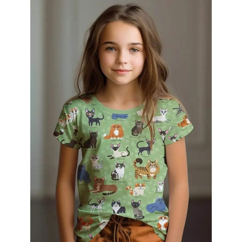 Kids Clothes Children's T-Shirt Girl Short Sleeve Top Cartoon Cat Girls Summer Clothes Child T-Shirt  Children's Clothing