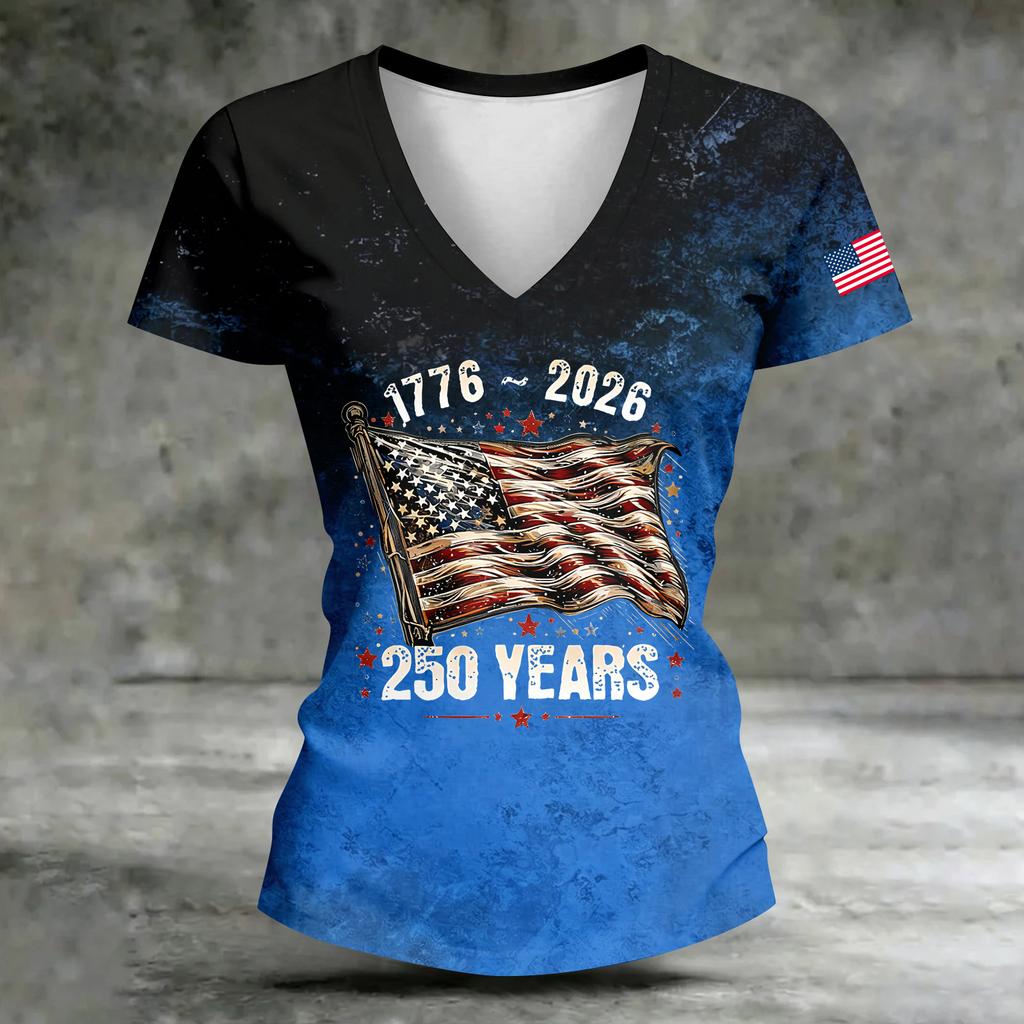 Women's Casual V Neck Short Sleeve T Shirt 250 Years Letter Print Top 1776 2026 American Flag Sleeve Detail Summer Tee