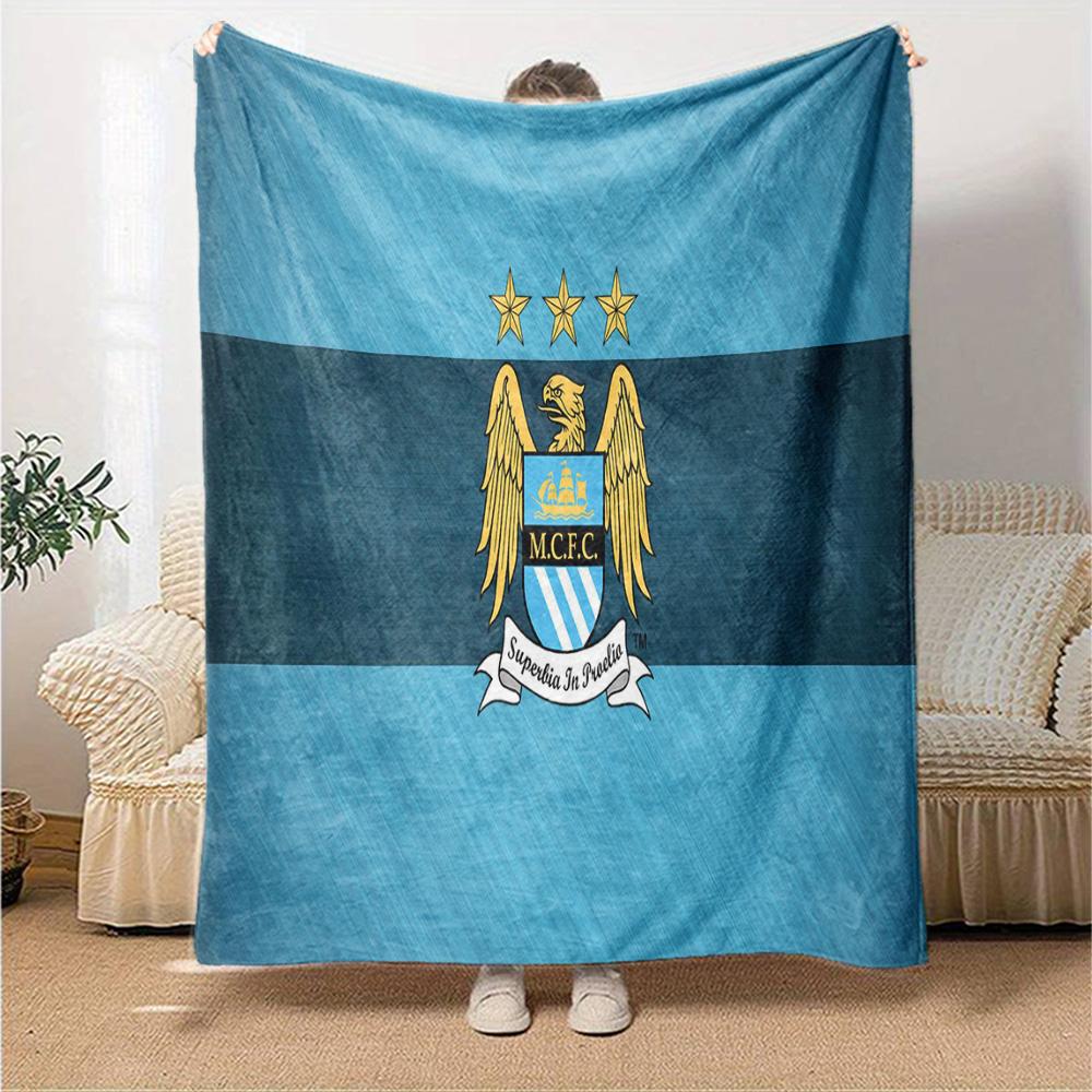 Manchester City Crest Flannel Blanket, Soft Polyester, Modern Design, All-Season for Camping, Travel, Gifts for holidays or birthdays