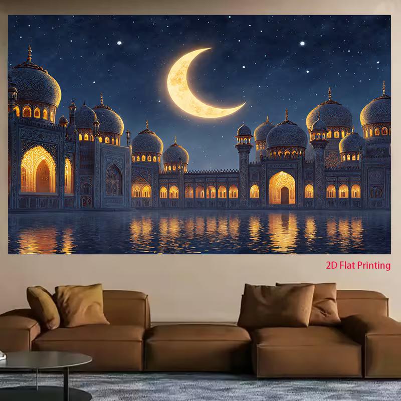 2D Arabian Night Backdrop, Glowing Mosque and Starry Sky Background Banner