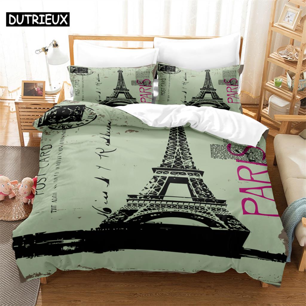 3D Digital-Printed Eiffel Tower-Themed Duvet Cover Set in Queen Size - Fashionable Bed Linen Design