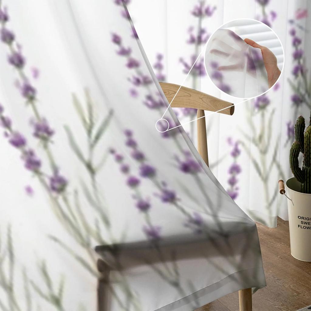 Watercolor Gentle Lavander Flowers Tulle Window Curtain For Living Room Bedroom Voile Sheer Curtains Kitchen Treatments Drapes