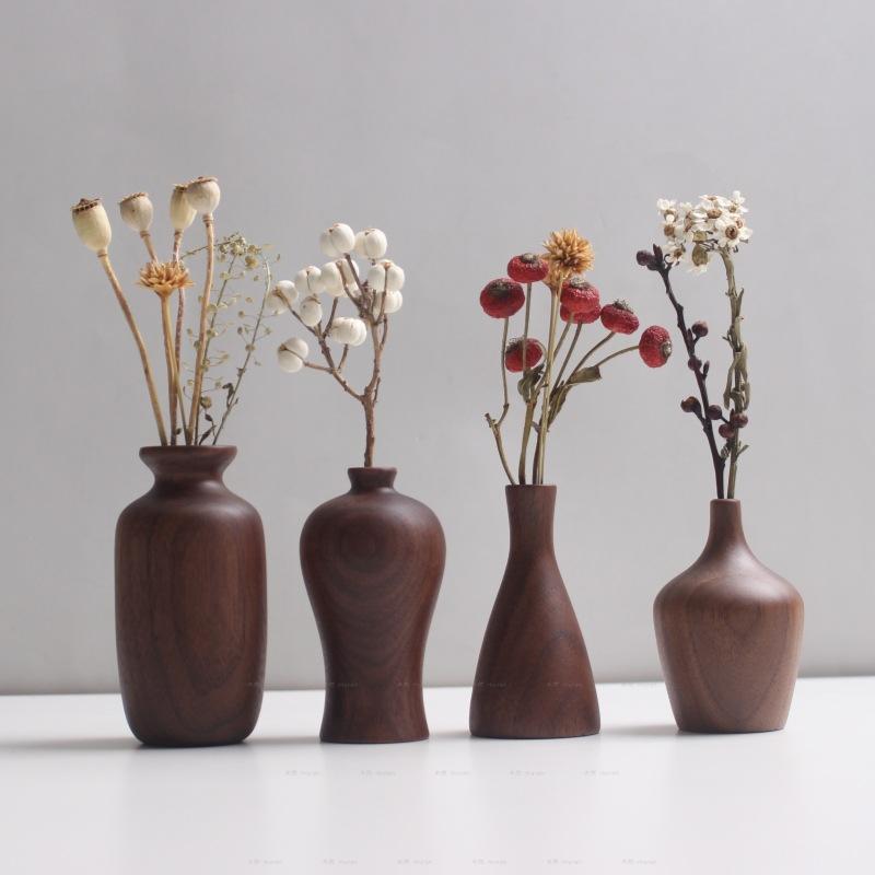 1pcs Solid Wood Vase Black Walnut Small Ornaments Wooden Crafts Home Decoration New Flower Arrangement Device