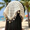 Handmade Crochet Hollow Triangle Bandana Seashell Tassels Bohemian Style Head Scarf for Women Beach Vacation Sun Hat Decoration