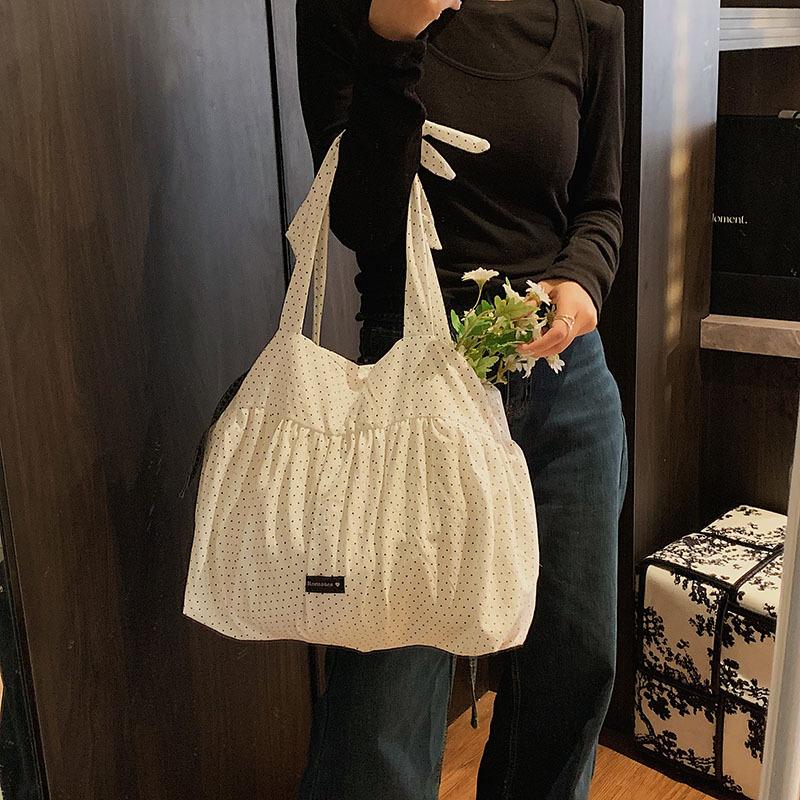 Lazy Wind Large-Capacity Cloth Bag Textured Girl Shoulder Bag White Polka Dot Canvas Tote Bag