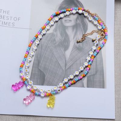 Bohemian Rice Bead Flower Multilayer Handmade Beaded Necklace Hip Hop Bear Pendant Double Necklace