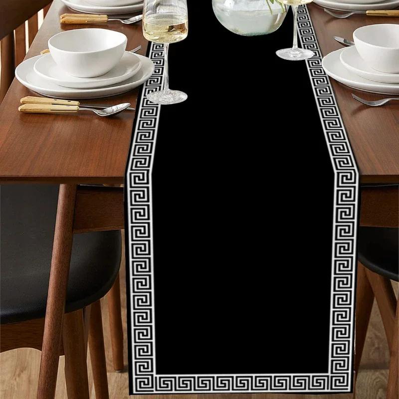 Jingyue Pet Black Retro Geometric Design Pattern Table Runner Restaurant Decoration Table Runner Wedding Holiday Party Table Accessories