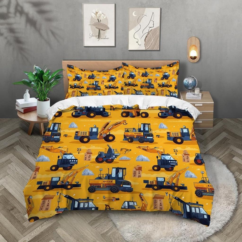 Cartoon Car Excavator Truck King Size Duvet Cover Sets For Kids Boys Girls, Microfiber Duvet Cover Sets With Pillowcase 50X75Cm