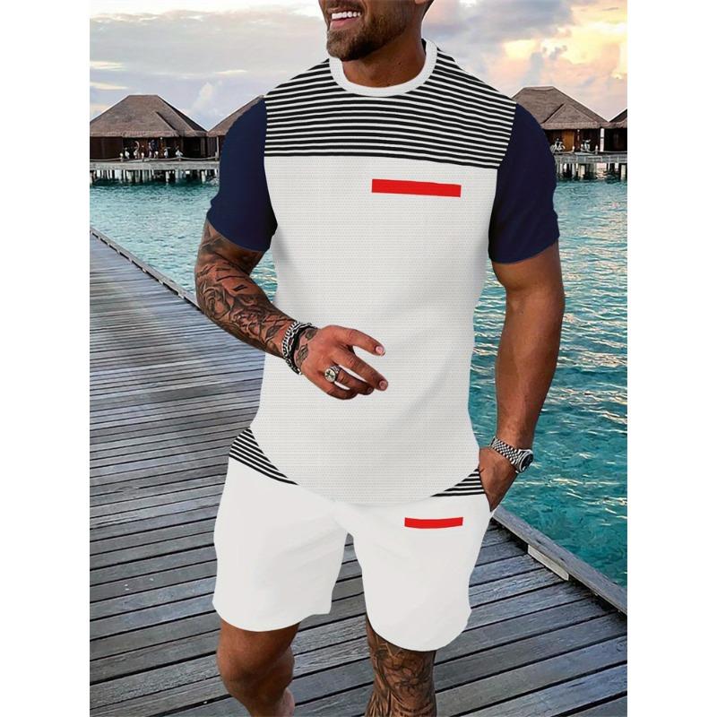 Summer Bestseller T-Shirt Set Color-Block Striped Short-Sleeve T-Shirt & Shorts Set Casual Outdoor Running Fitness Set