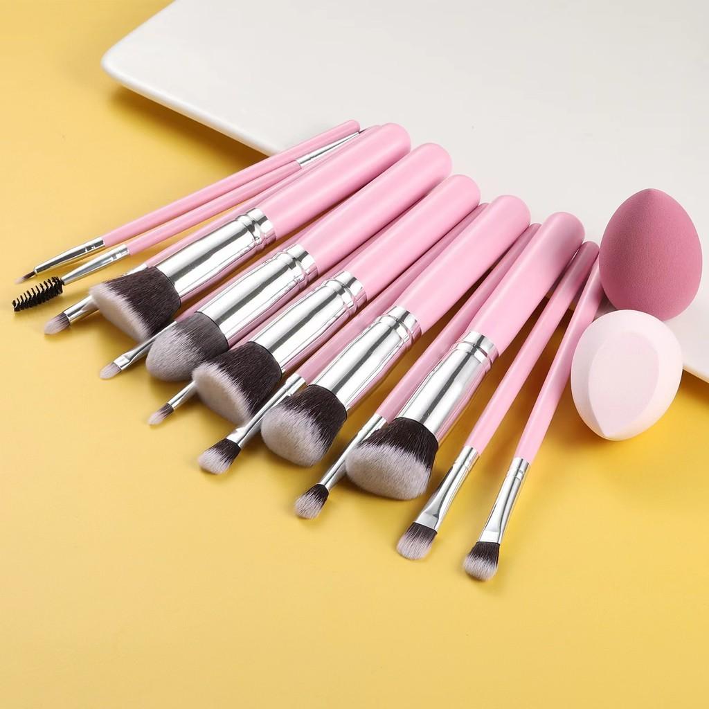 Portable Makeup Brush With Nylon Bristles And Dualended Sponges For Onthego Beauty Pink