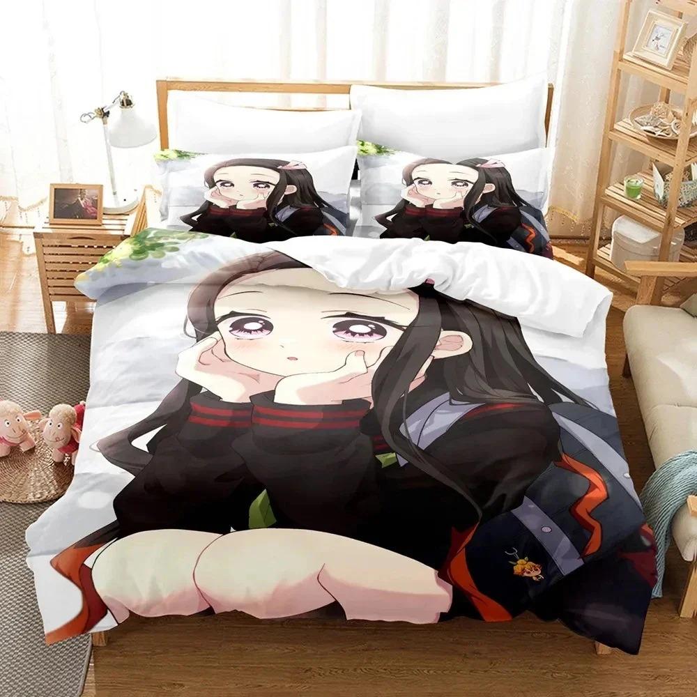 Anime Demon Slayer Nezuko Sängkläder Set Påslakan Sängset Täcke Örngott Täcke king Queen Size Pojkar Vuxen