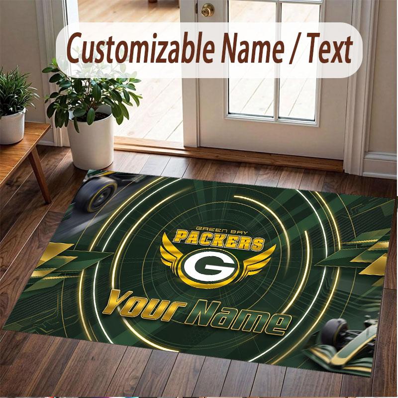 Custom Rug Green Bay Packers Pattern Print Name Text Soft Non‑Slip Floor Carpet for Home Indoor Decoration