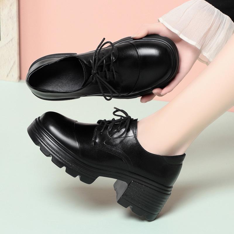 6cm Vintage British Style Thick Bottom Chunky Platform Shoes Oxfords 2025 Spring Black Casual Shoes Soft Leather for Office Mom