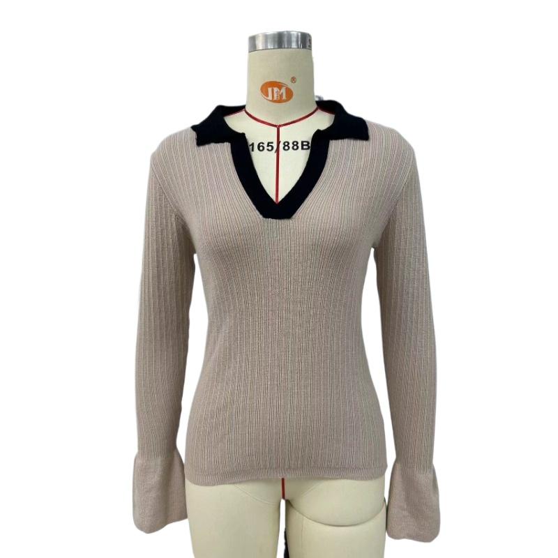 IHUASU Dámský evropský a americký podzimní a zimní pletený svetr přes hlavu se zvonovými rukávy a klopou