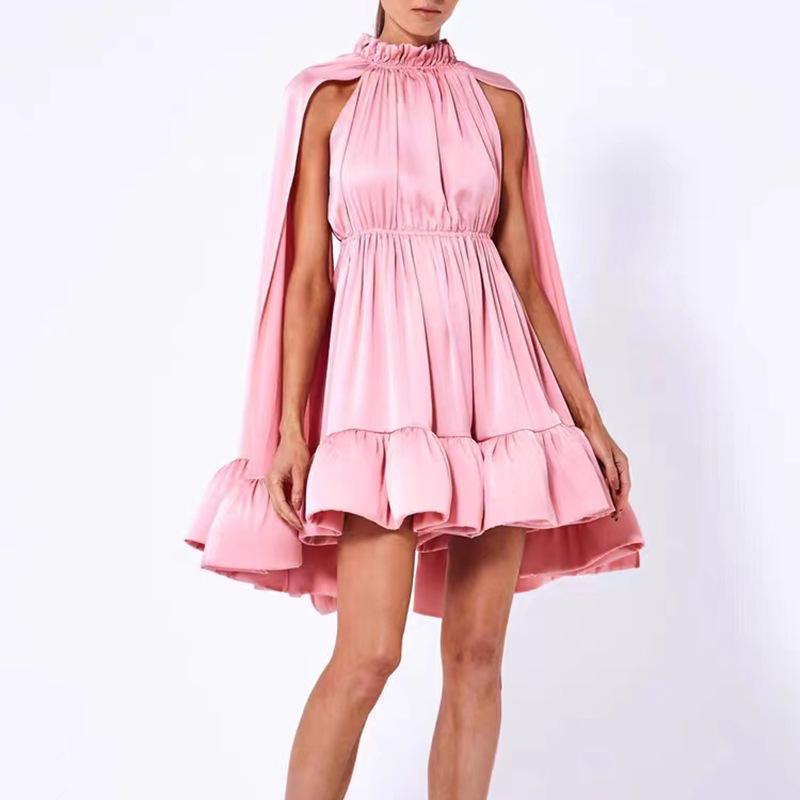 

2025 Summer Fashion: Pleated Waist Ruffle Dress with Cape Style for Women M