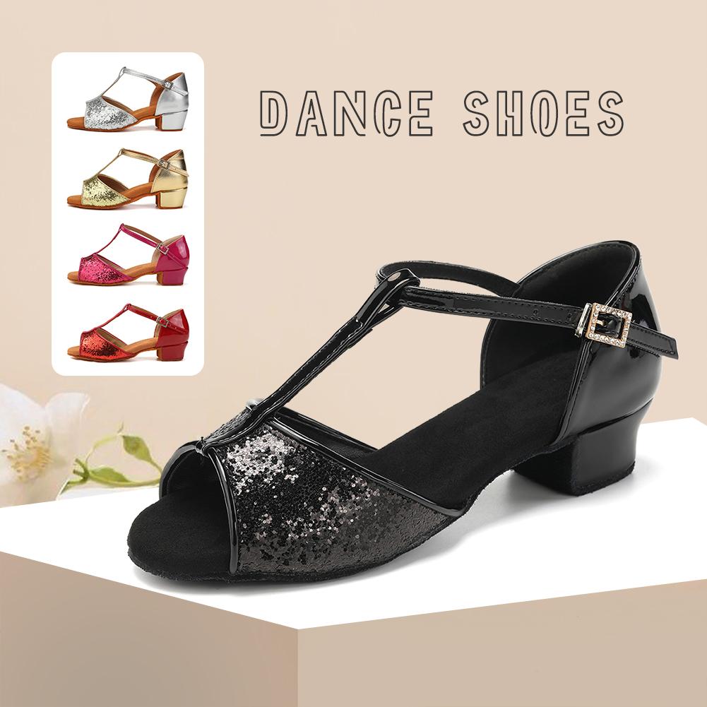 

Child Girls Women Sequined Latin Dance Shoes Beginner Low Heel Soft Sole Professional Dance Heel Height 3.5CM 30 чорний