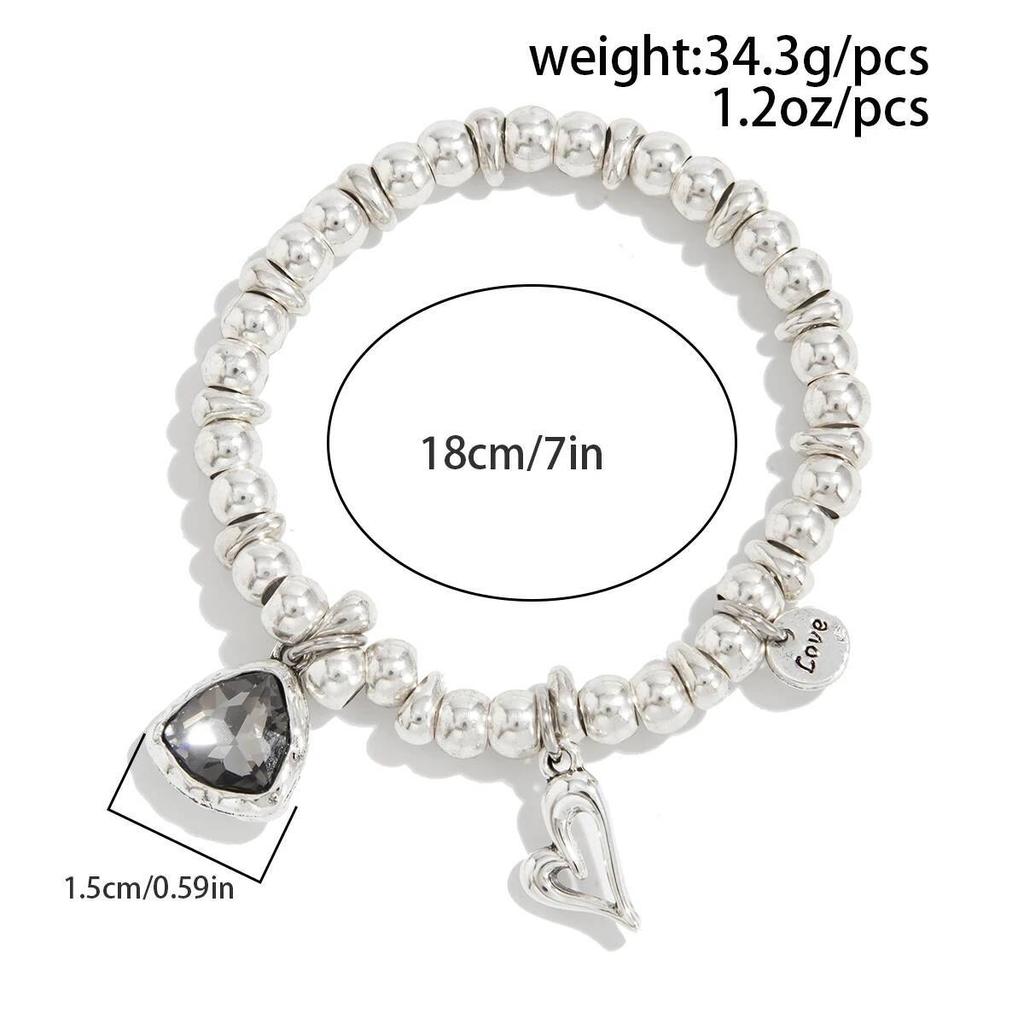 SHIXIN Vintage Acrylic Rhinestone Heart Pendant Bracelet Women Simple Silver Color Elastic Beaded Bracelet Jewelry Accessories