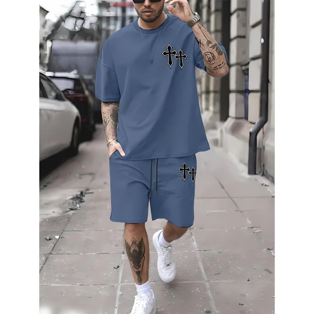 New Men's Summer Two-piece Set Men's T-shirt Top Shorts Set Men's Round Neck T-shirt Loose Casual