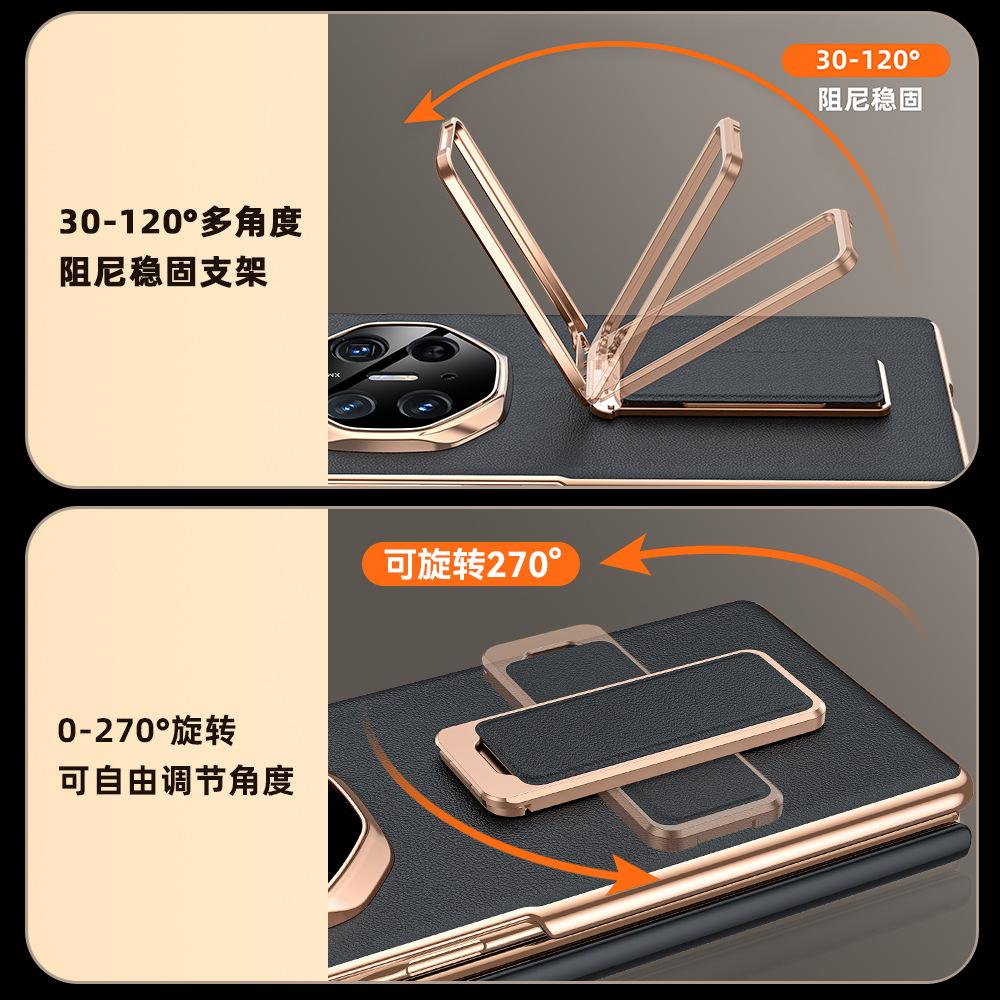 For Huawei Mate XT Ultimate Genuine Leather Case Convertible 270° Rotation Metal Bracket Finger Hand Grip Strap Plating Cover
