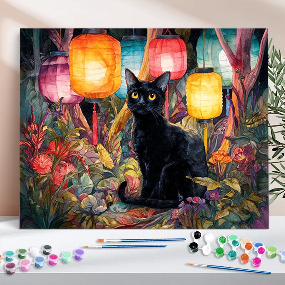 

1pc Picture With Numbers Lantern Cat Painting Art On Canvas Crafts By Numbers Unique Diy Gift For Home Decor 40x50cm/16x20inch Without Frame 40x50cm NO Frame