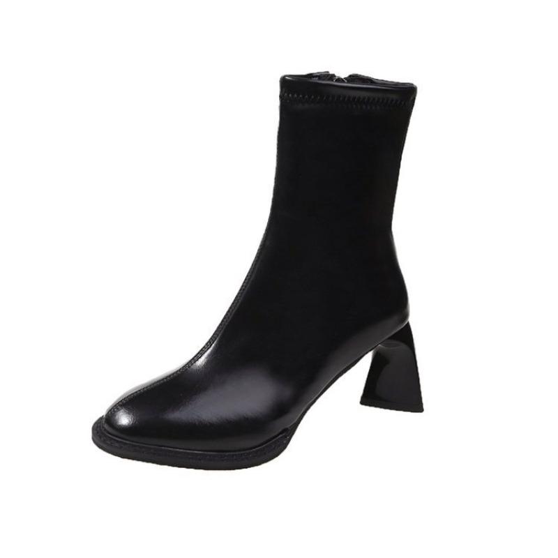 Round head retro thin boots women's early autumn new high-heeled short boots temperament versatile short tube side zipper thick-heeled boots