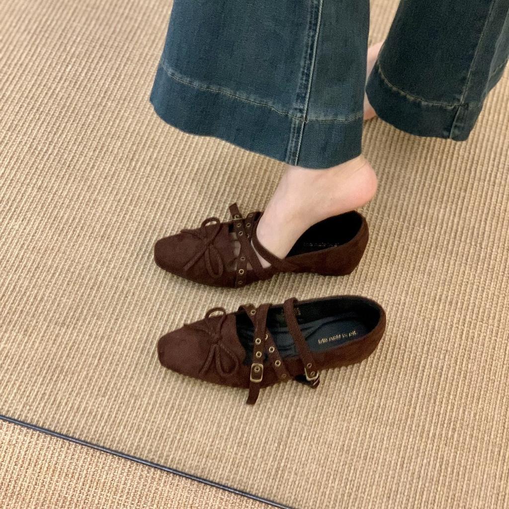 Inner Heightening Retro Single Shoes Square Head Bow Ballet Shoes Women's Shoes 2025 Spring and Autumn Mary Jane Evening Shoes