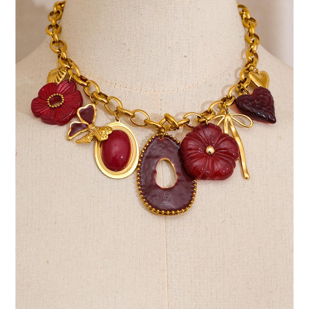 Eetit Red Resin Flower Charm Pendant Necklace 18K Golden PVD Plated Stainless Steel Statement New Arrivals Collar Jewelry 2025