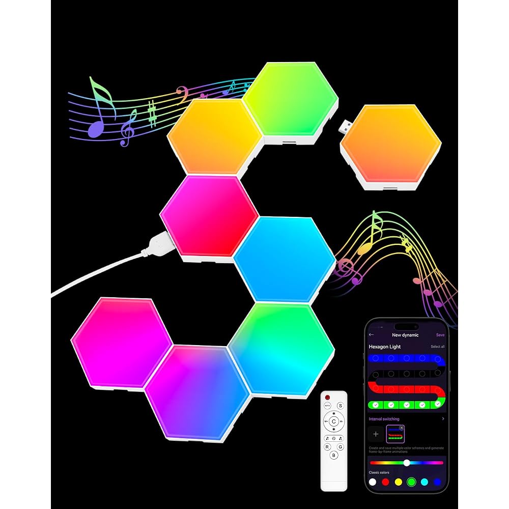 Hexagon Smart RGB LED Light Panels 8 Pack with App & Remote Control Music Sync Wall Lights for Living Room Bedroom Gaming Room
