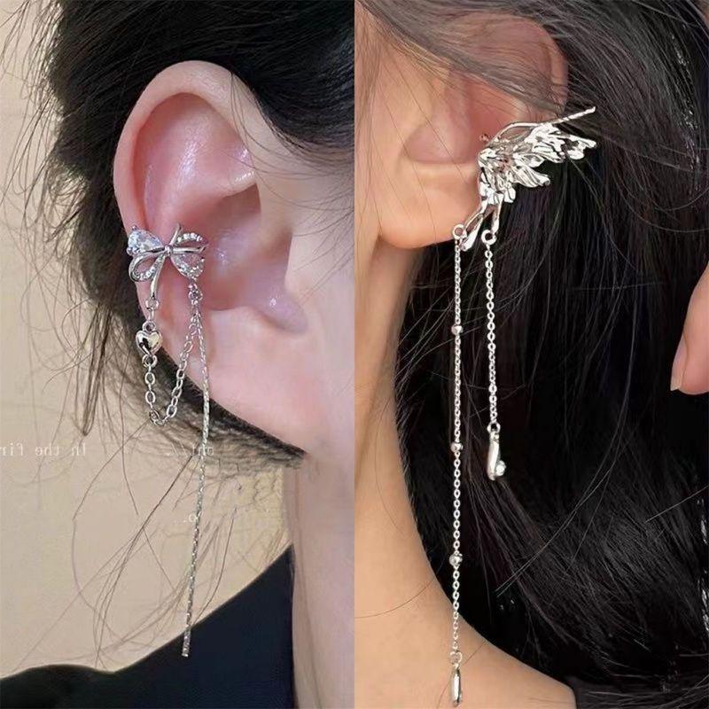 

Клипса для ушей без прокола Женские серьги 2025 Новое поступление Самые продаваемые Причудливые банты Серьги Подвеска-кисточка Клипса для ушей Zircon Bows right ear + angel wing left ear clip