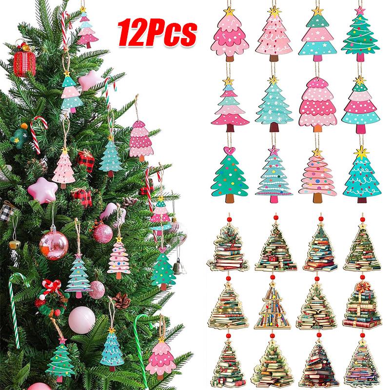 12PCS Book Pendant Colorful Multi-element Christmas Tree Decoration Suspension Rope Exquisite Wooden Gift Holiday