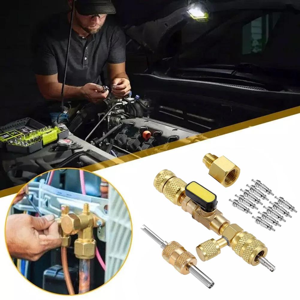 Valve Core Remover Installer Kit with Dual Size 1/4" & 5/16" Port, Schrader Valve Tool for R22 R410a R134A R12 R32 Refrigerant