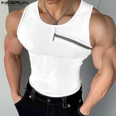 Men Round Neck Sleeveless Zip-up Casual Rib Striped Tank Tops