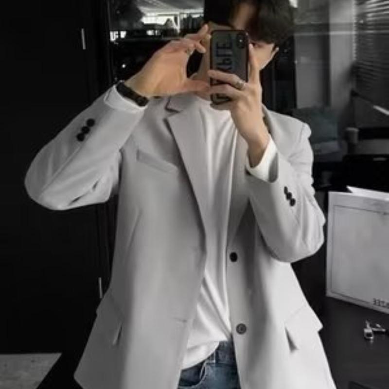 Men's High-End Black Casual Blazer - Korean Style with Shoulder Pads