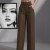 Jednokolorowe spodnie casual, Damskie spodnie z wysokim stanem, plisowane, luźne, Spodnie do pracy