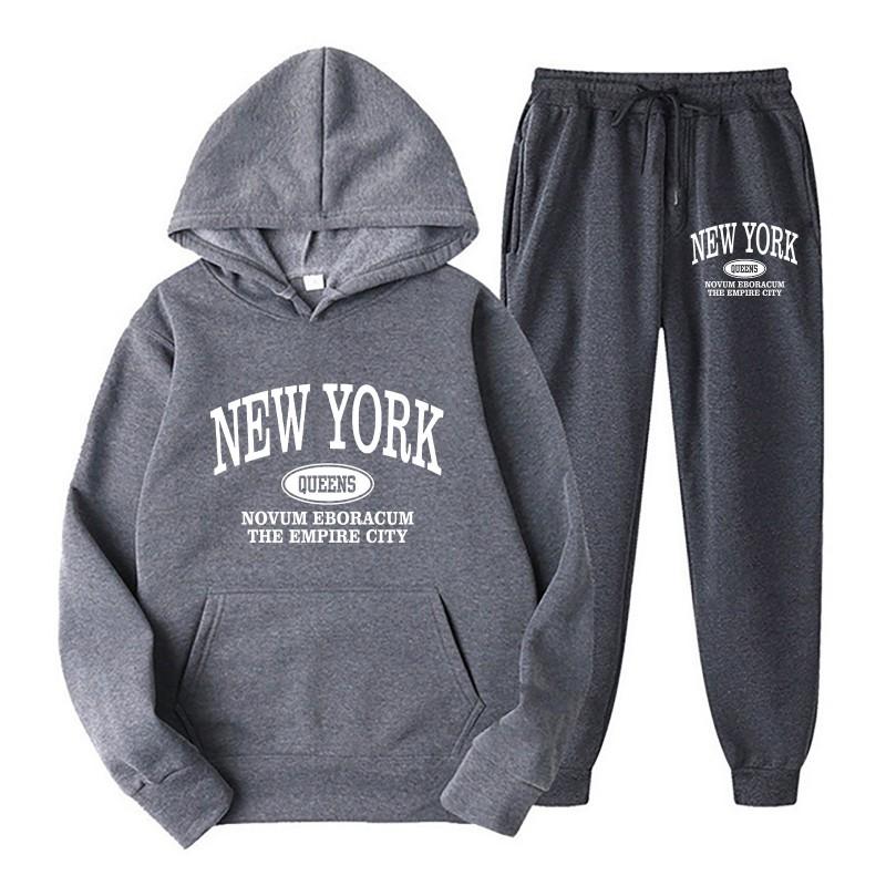 Unisex Hooded Sweatshirt Set Fleece Lined Long Sleeve Pullover Sweatpants Streetwear